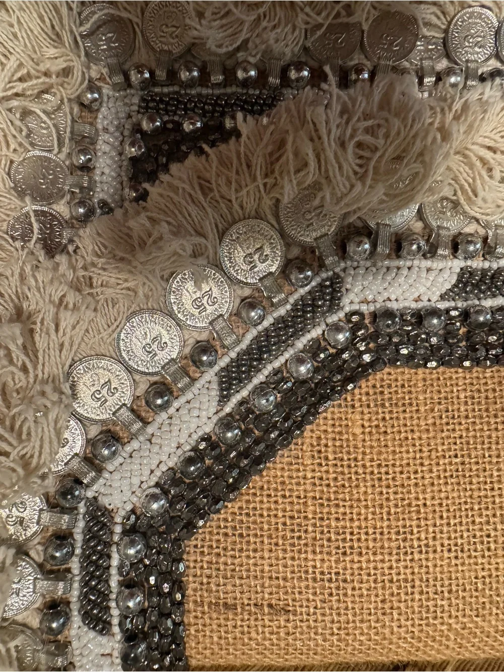 Boho Fringe Beige Crossbody Bag with Coin & Bead Detail
